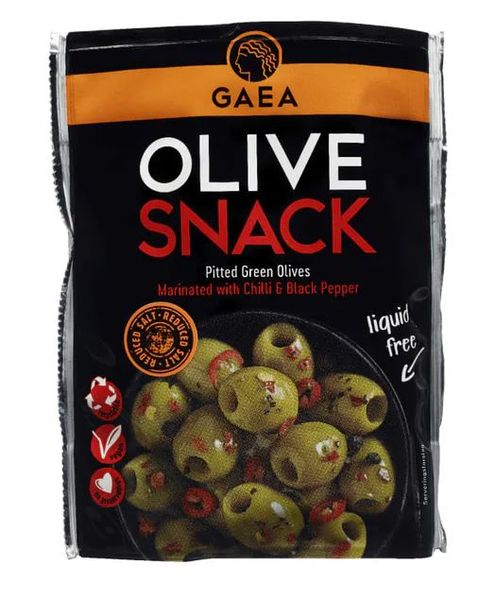 Gaea Oliven Snacks Chili & Svart Pepper 65g./ Dato