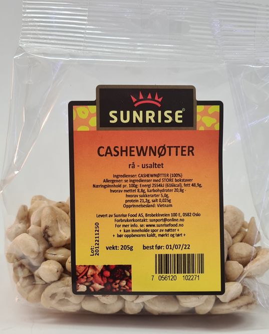 Hovedbilde Sunrise Cashewnøtter Rå-Usaltet Sunrise 180g.